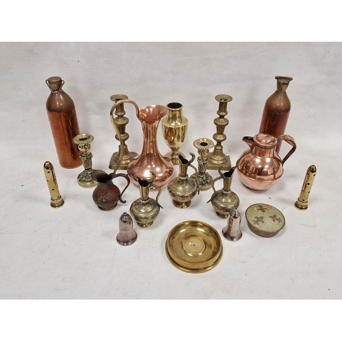 162 - Large assortment of brass and copper ware to include an ornate pair of candlesticks with fleur de li... 