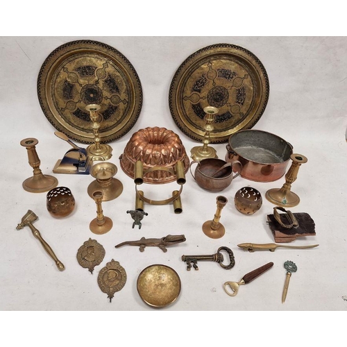 163 - Assortment of metalware comprising mostly brass, to include pairs of candlesticks, a large jelly mou... 