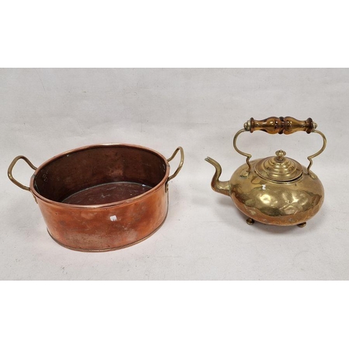 176 - Twin-handled copper pot of oval form and a single-handled teapot, the handle with a coloured grip, t... 