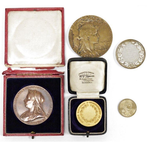 195 - Selection of medallions to include a hallmarked silver Brewers & Allied Traders International Exhibi... 