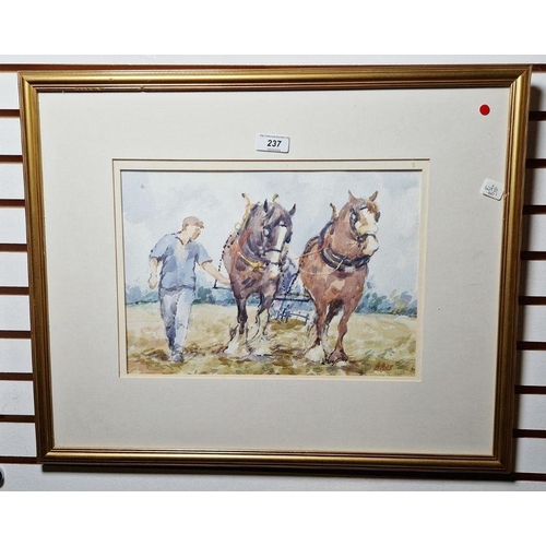 237 - Robert Boar 
 Watercolour drawing
 Ploughing team of two horses with farmer, signed lower right, 23c... 