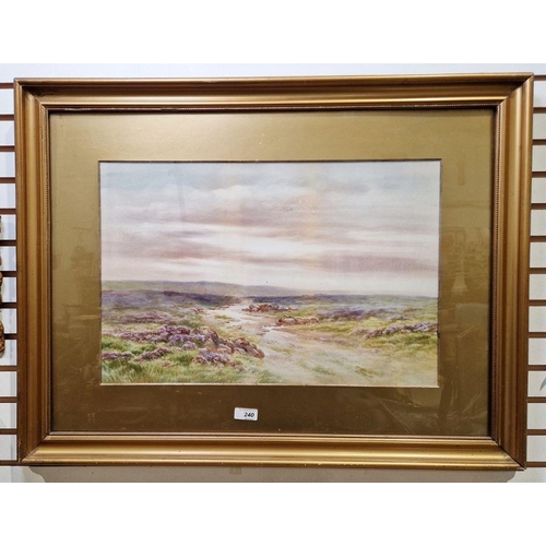 240 - A Birbeck 
 Moorland landscape with heather in foreground, signed lower left, 34cm x 52cm