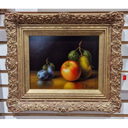 244 - Oil on panel
 Still life, apple, pear and plums, signed lower right, 18cm x 23cm