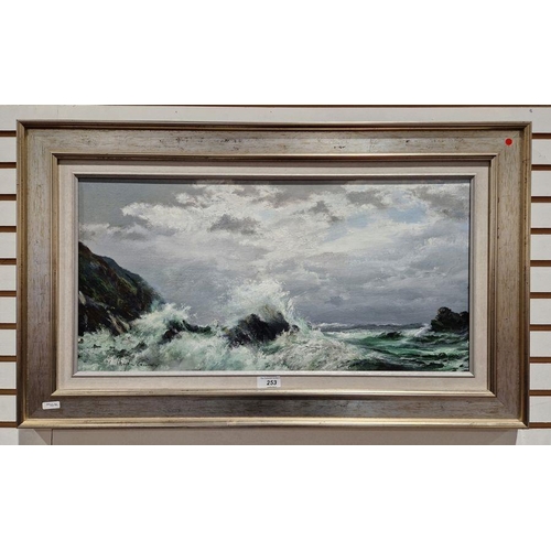 253 - Hugh Gurney (b.1932) 
 Oil on board
 “The Angry Tide: North Devon. 2006”, rocky seascape with crashi... 