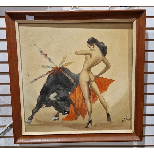 255 - J Vela 
 Oil on canvas 
 Nude female as a bullfighter, signed lower right, 49cm square