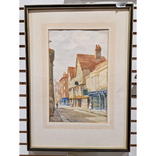 259 - Frank Sherwin
 Watercolour drawing 
 Early 20th century street scene with figures, signed, 36cm x 23... 