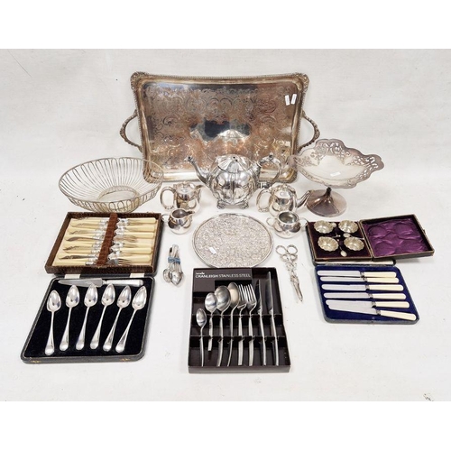 284 - Quantity of plated ware to include teapot, loose flatware, basket, pedestal dish, two-handled tray, ... 