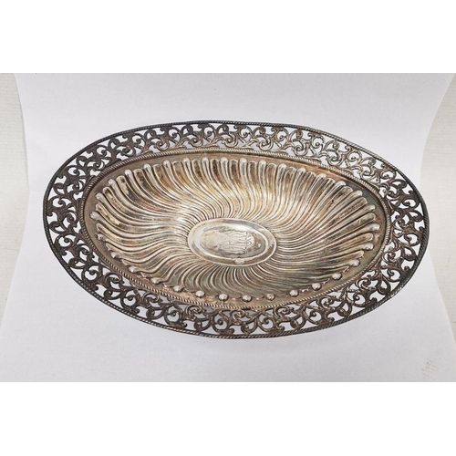 291 - Victorian silver oval pedestal dish, semi gadrooned and pierced border, initialled, Birmingham 1896,... 