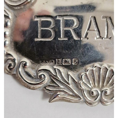 313 - Two hallmarked silver decanter labels and a silver plated example, for whisky, sherry and brandy, va... 