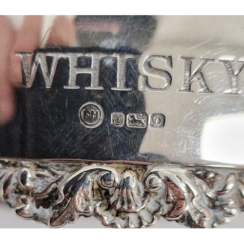 313 - Two hallmarked silver decanter labels and a silver plated example, for whisky, sherry and brandy, va... 