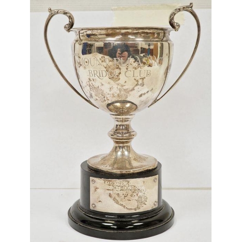 331 - 1930's silver two-handled trophy cup 'Mount Pleasant Bridge Club', on circular black plastic base wi... 