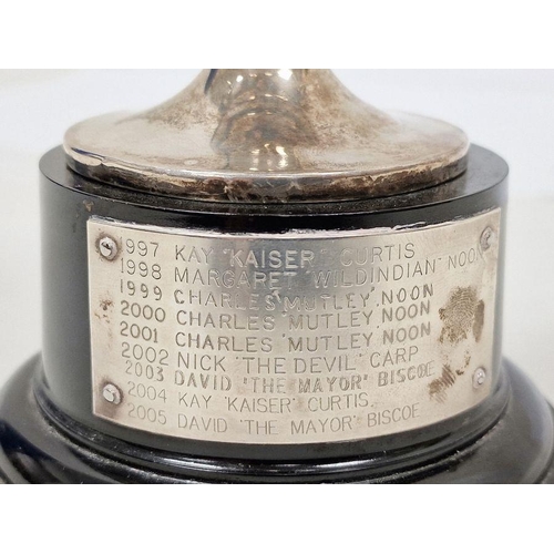 331 - 1930's silver two-handled trophy cup 'Mount Pleasant Bridge Club', on circular black plastic base wi... 