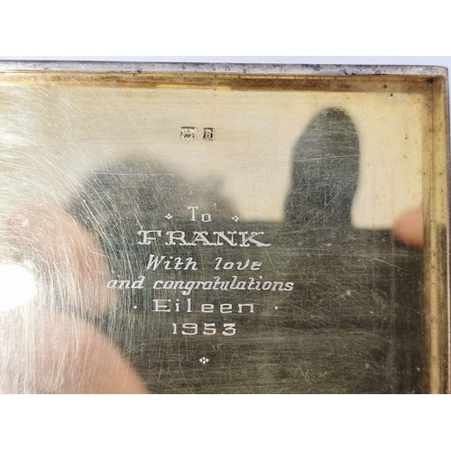 346 - 1950's cigarette box, engine-turned, engraved to the inside 'To Frank With Love and Congratulations ... 