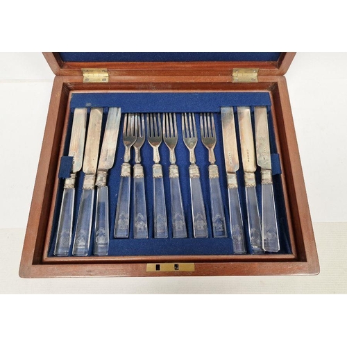 359 - Cased matched set of six Victorian silver tea knives and forks with glass handles, crab crest, varyi... 