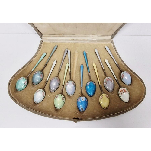 376 - Set of 12 silver-coloured and enamel teaspoons, various colours, floral decorated, 925, in fitted bo... 