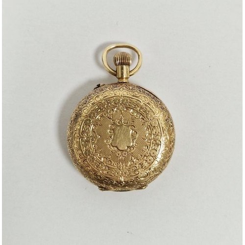 399 - Lady's 18ct gold cased fob watch, the circular enamel dial with Roman numerals denoting hours, surro... 