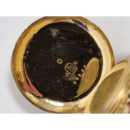 399 - Lady's 18ct gold cased fob watch, the circular enamel dial with Roman numerals denoting hours, surro... 