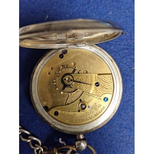 404 - Edwardian silver cased open face pocket watch by Waltham, the enamel dial with Roman numerals denoti... 