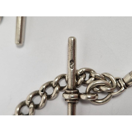 501 - Two hallmarked silver albert chains, both having T-bars and single lobster clasps, combined weight a... 