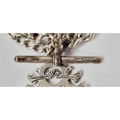 505 - 20th century silver albert chain, with attached T-bar, two lobster clasps and hanging fob, 69g in we... 