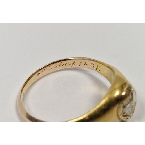 508 - 19th century gold and pear-shaped diamond old cut ring engraved to inside band 'May 1838', the diamo... 