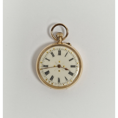 408 - 14K gold fob watch with cream enamelled dial, button winding, monogrammed to reverse