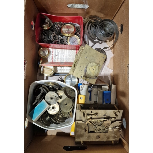 1041 - Box of clock parts and spares to include two longcase clock faces, springs, pulleys, etc (1 box)