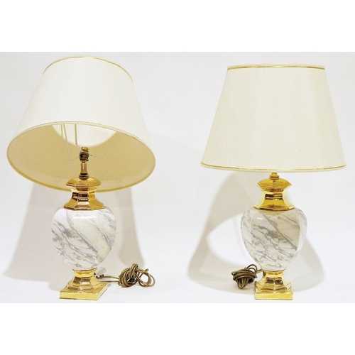 1345 - Pair of ceramic table lamps, painted as marble, with gilt stepped foot and top, with shades (2)