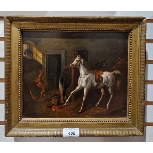 408 - 19th century school
 Oil on board
 Interior of stable with white horse alarmed by a dog chasing a ca... 