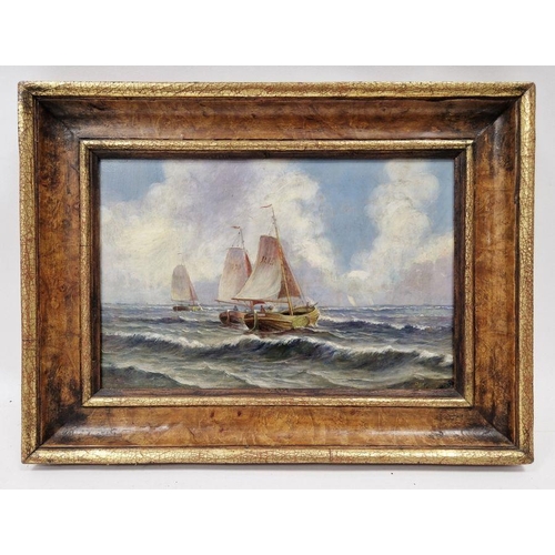 412 - P. Le Cort...? 
 Oil on panel
 Seascape with boats, signed lower right and dated 1910 or 1912, frame... 