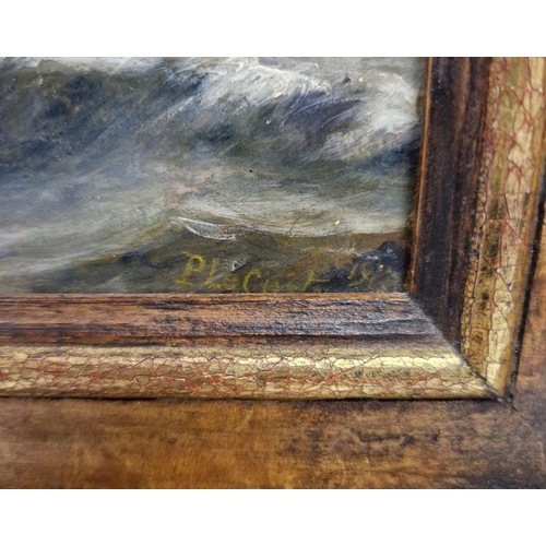 412 - P. Le Cort...? 
 Oil on panel
 Seascape with boats, signed lower right and dated 1910 or 1912, frame... 