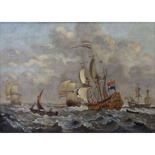 414 - Rai...? (19th century school)
 Oil on canvas
 Marine scene with Dutch galleons anchored off a coast ... 