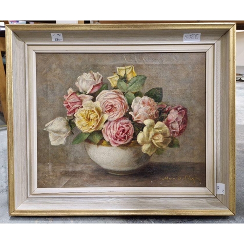 415 - Marie D Clayton (19th/20th century school)
 Oil on canvas
 Still life of roses in a bowl, signed low... 