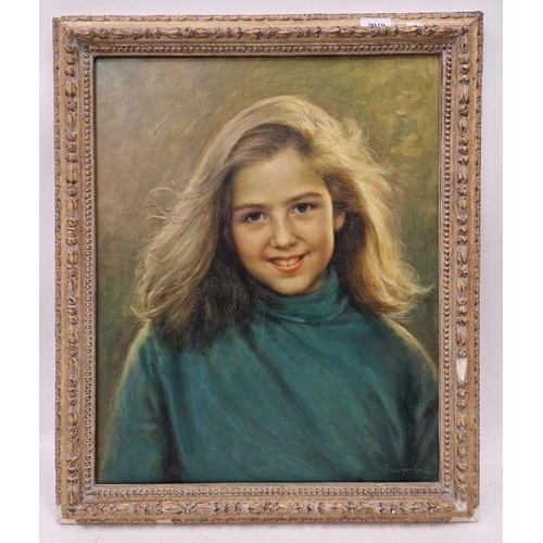 418 - J.B..incharian? (20th Century)
 Oil on canvas
 Portrait of a young girl wearing blue jumper, indisti... 