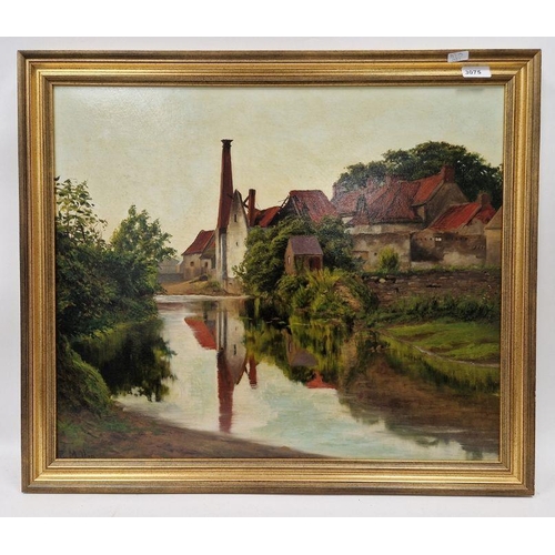 423 - R. Mullen (20th century school)
 Oil on board
 Mill on the bank of a river, signed lower left, frame... 