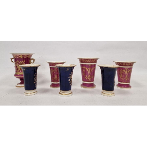 7 - 19th century porcelain trio of beaker vases, flared rim and painted with floral spray on puce ground... 