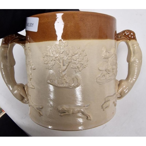 9 - 19th century Copeland porcelain two-handled armorial loving cup on circular foot, painted with crest... 