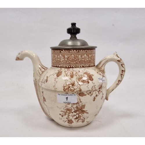 1 - Royles patent self-pouring teapot, no.6327/1886 by Doulton Burslem pottery, brown floral decoration ... 