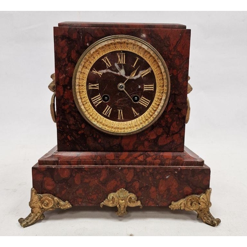 1008 - Late 19th century French red marble cased mantel clock, the gilt framed circular dial having gilt en... 