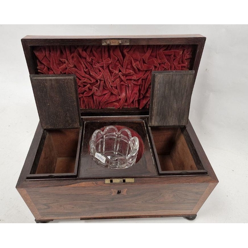 1010 - Victorian rosewood and bird's eye maple tea caddy of rectangular form, the lid opening to reveal two... 