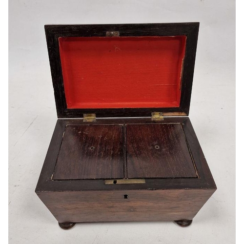 1011 - Victorian rosewood tea caddy of sarcophagus form, the lid opening to reveal two lidded tea compartme... 