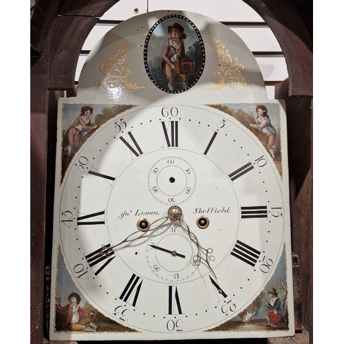 1026 - Mid 19th century mahogany cased longcase clock, the painted arched dial decorated with country figur... 