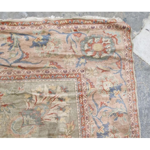 1049 - Very large pale green ground Turkish wool rug with central floral medallion on floral interlocked fi... 