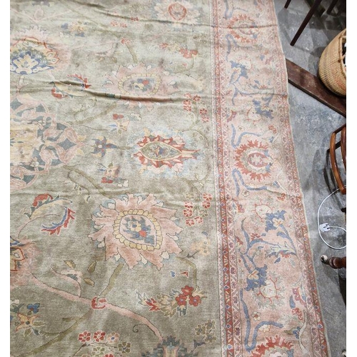 1049 - Very large pale green ground Turkish wool rug with central floral medallion on floral interlocked fi... 