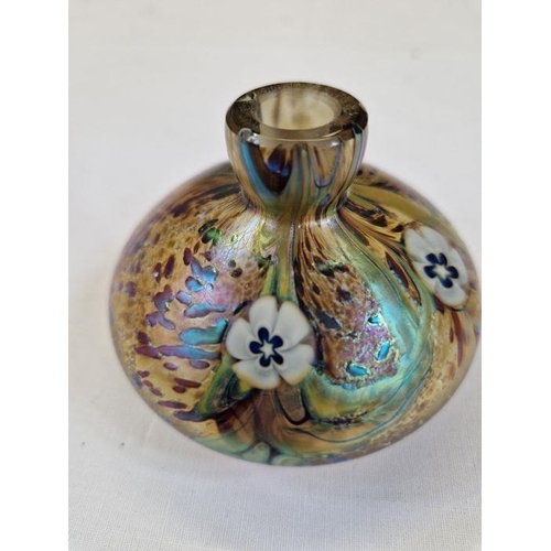 106 - Okra glass perfume bottle, blue ground with white flowers, marked to base dated 1986 and initialled ... 