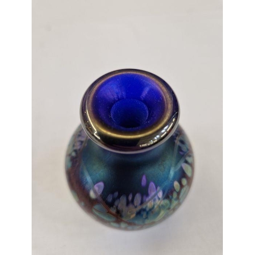 106 - Okra glass perfume bottle, blue ground with white flowers, marked to base dated 1986 and initialled ... 