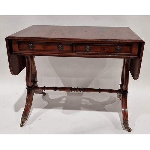 1074 - Reproduction walnut bowfronted corner unit, 180cm high and a reproduction mahogany sofa table, 95cm ... 