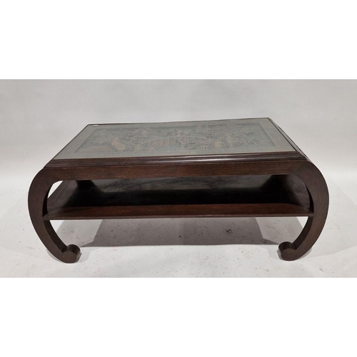 1246 - Chinese hardwood and glass-topped coffee table, the rectangular top carved with a scene of figures a... 