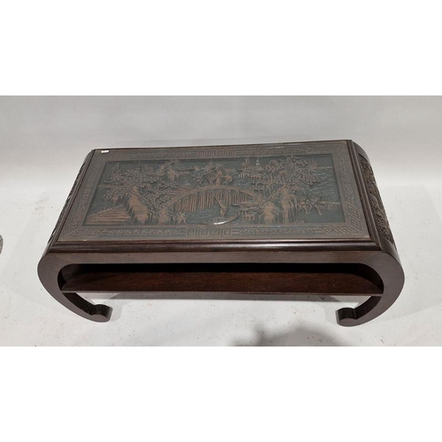 1246 - Chinese hardwood and glass-topped coffee table, the rectangular top carved with a scene of figures a... 