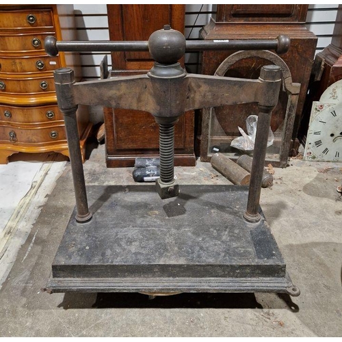 1247 - Heavy cast iron book press, 64cm x 44cm x 66cm approx.